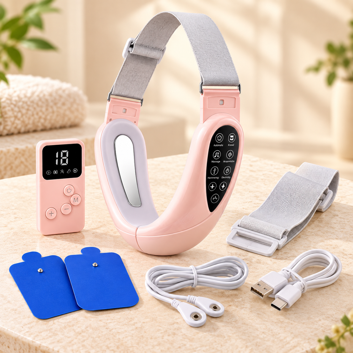 RelaxPulse Face in Rosa mit Fernbedienung, Pulspads, Verbindungskabel, USB-Ladekabel und verstellbarem Kopfband