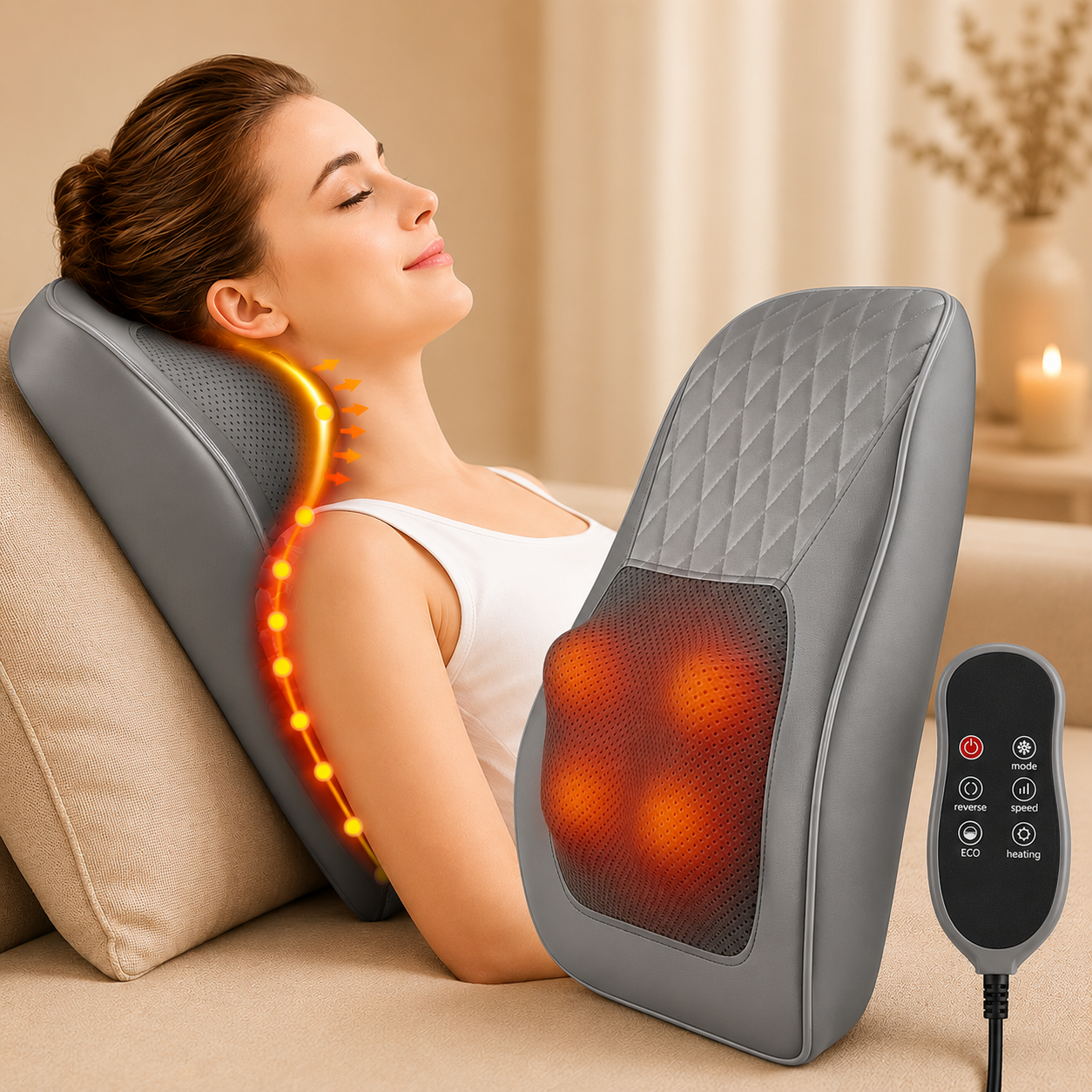 Livingwelllife Shiatsu Massagekissen in Grau mit Wärmefunktion und ergonomischem Design für Nacken, Rücken und Schultern in entspannter Wellness-Atmosphäre zuhause.