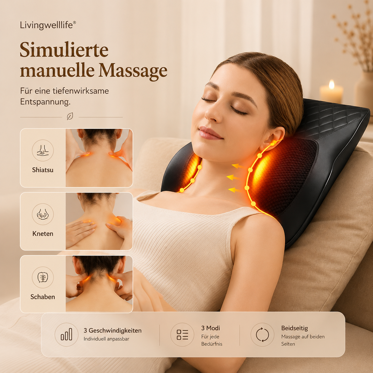 Livingwelllife Shiatsu Massagekissen mit Wärmefunktion und simulierten manuellen Massagearten für Nacken, Schultern und Rücken – Premium Wellness Massagekissen für zuhause