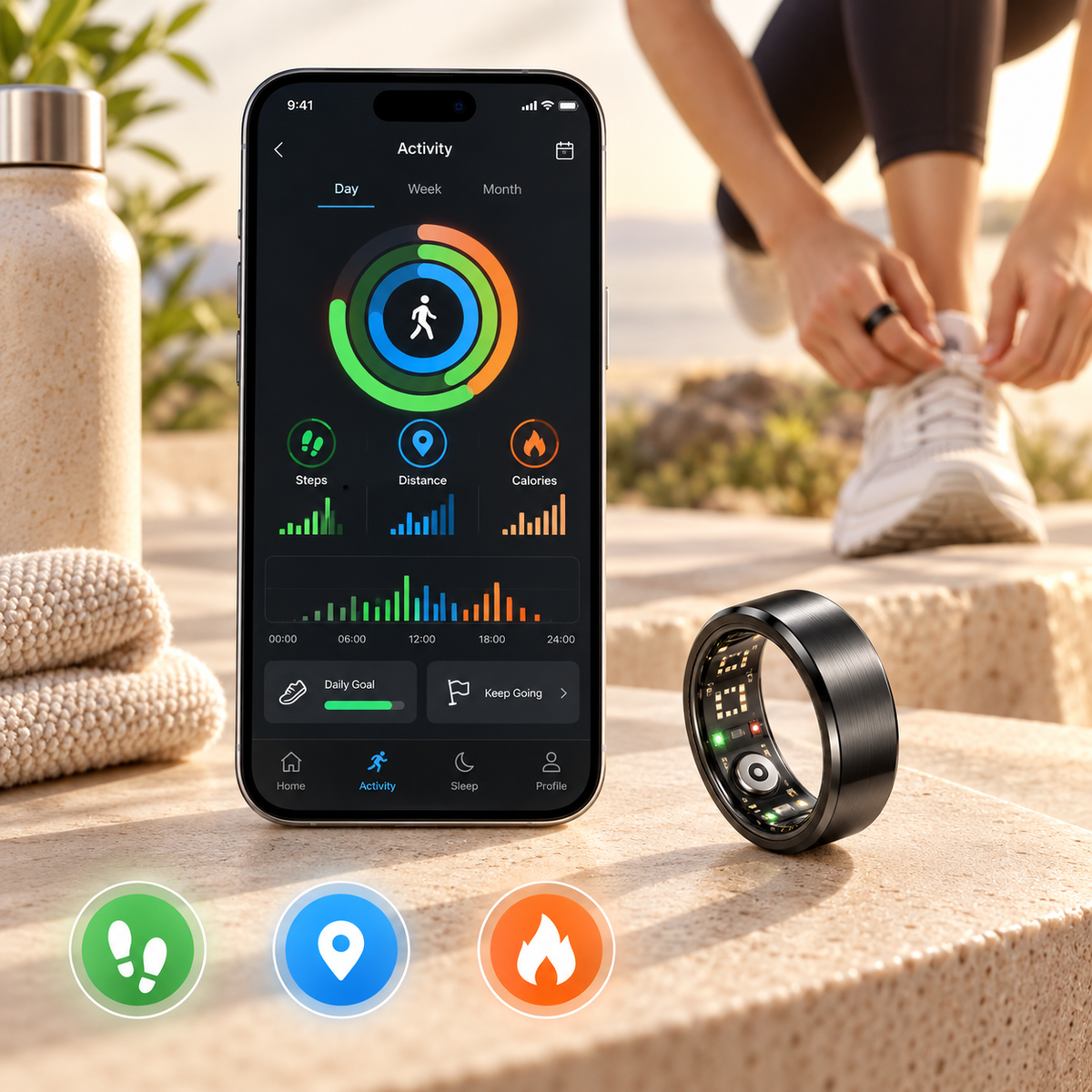Smart Ring mit Aktivitätstracking für Schritte, Distanz und Kalorien im Alltag