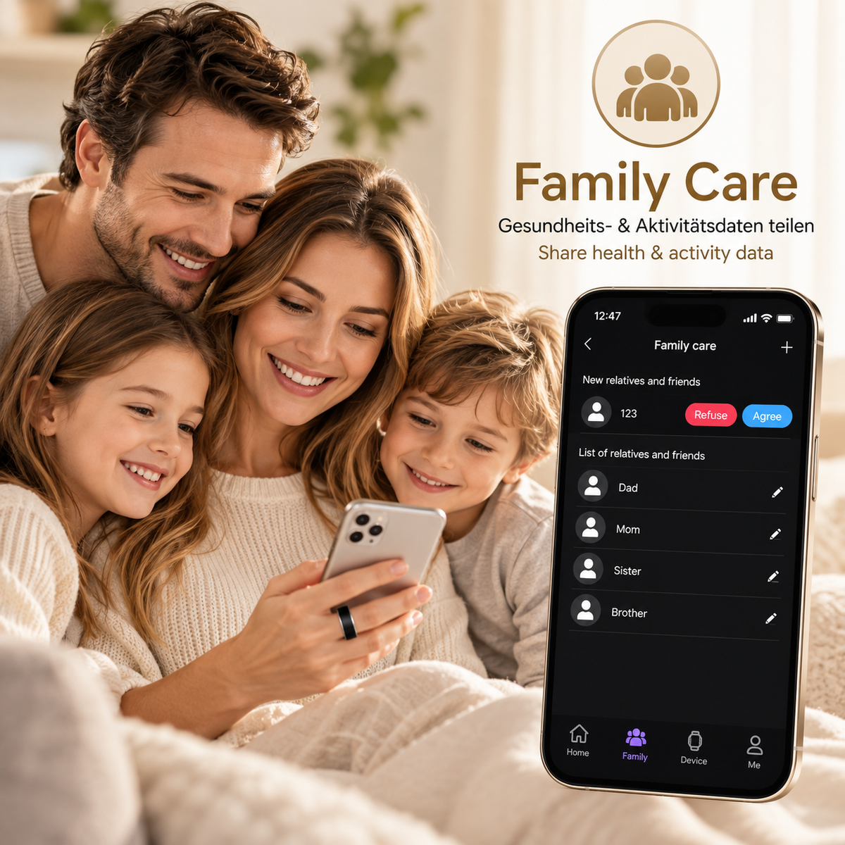 Smart Ring mit Family-Care-Funktion zum Teilen von Gesundheits- und Aktivitätsdaten in der App