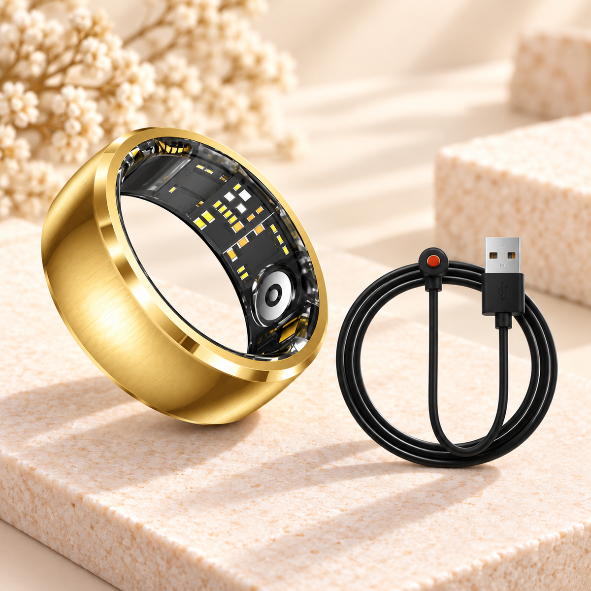 Smart Ring in Gold mit magnetischem Ladekabel im Livingwelllife Premium-Design