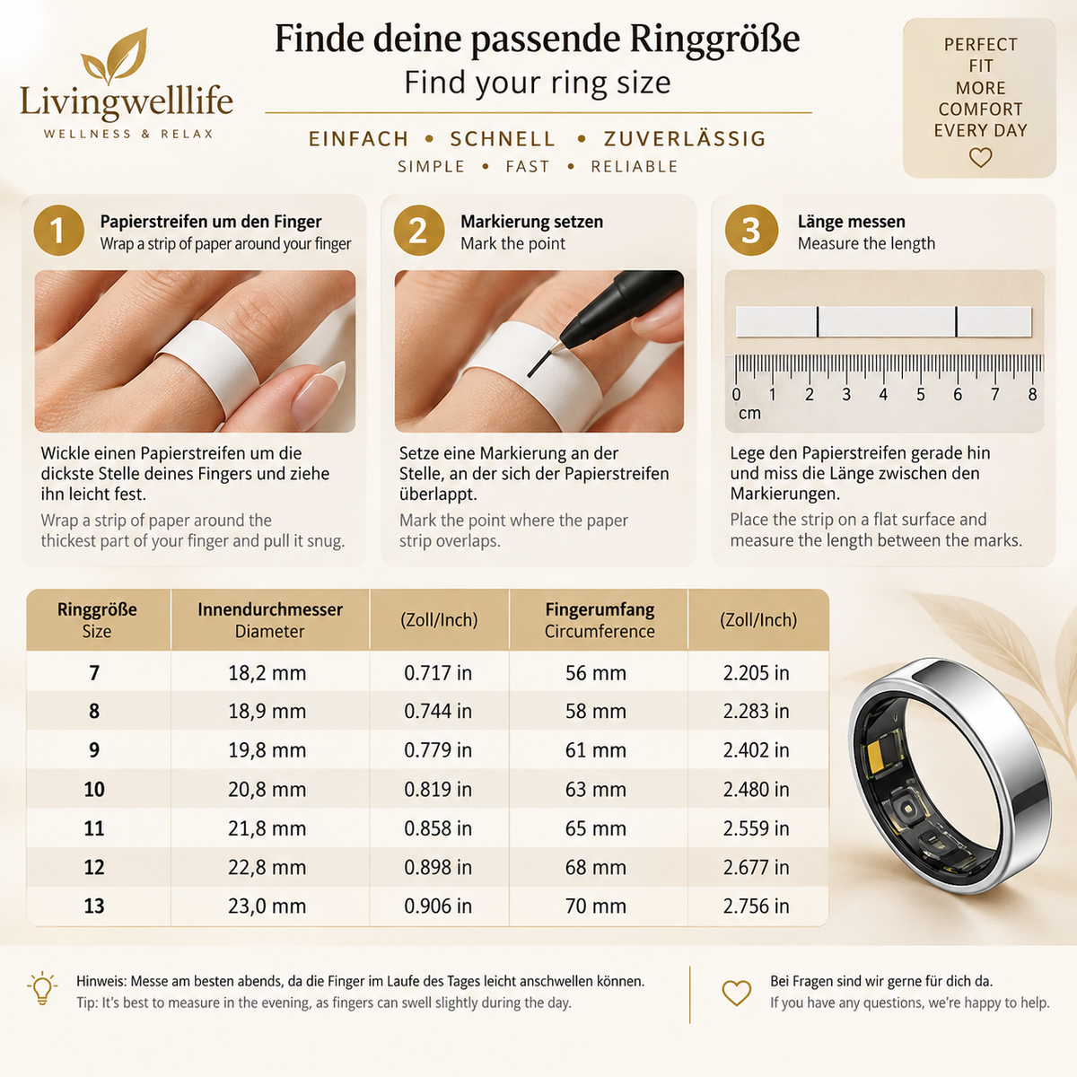 Livingwelllife Smart Ring Größentabelle für Ringgrößen 7 bis 13 mit Anleitung zum Messen des Fingerumfangs