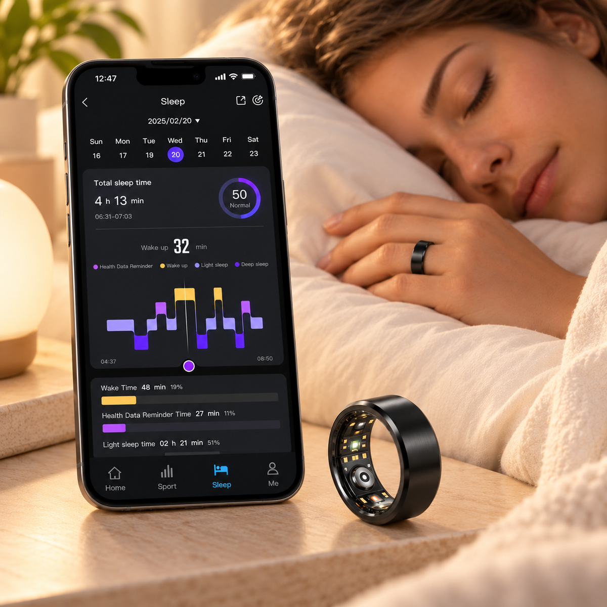Smart Ring mit Schlaftracking und Schlafanalyse über die App für die nächtliche Schlafaufzeichnung