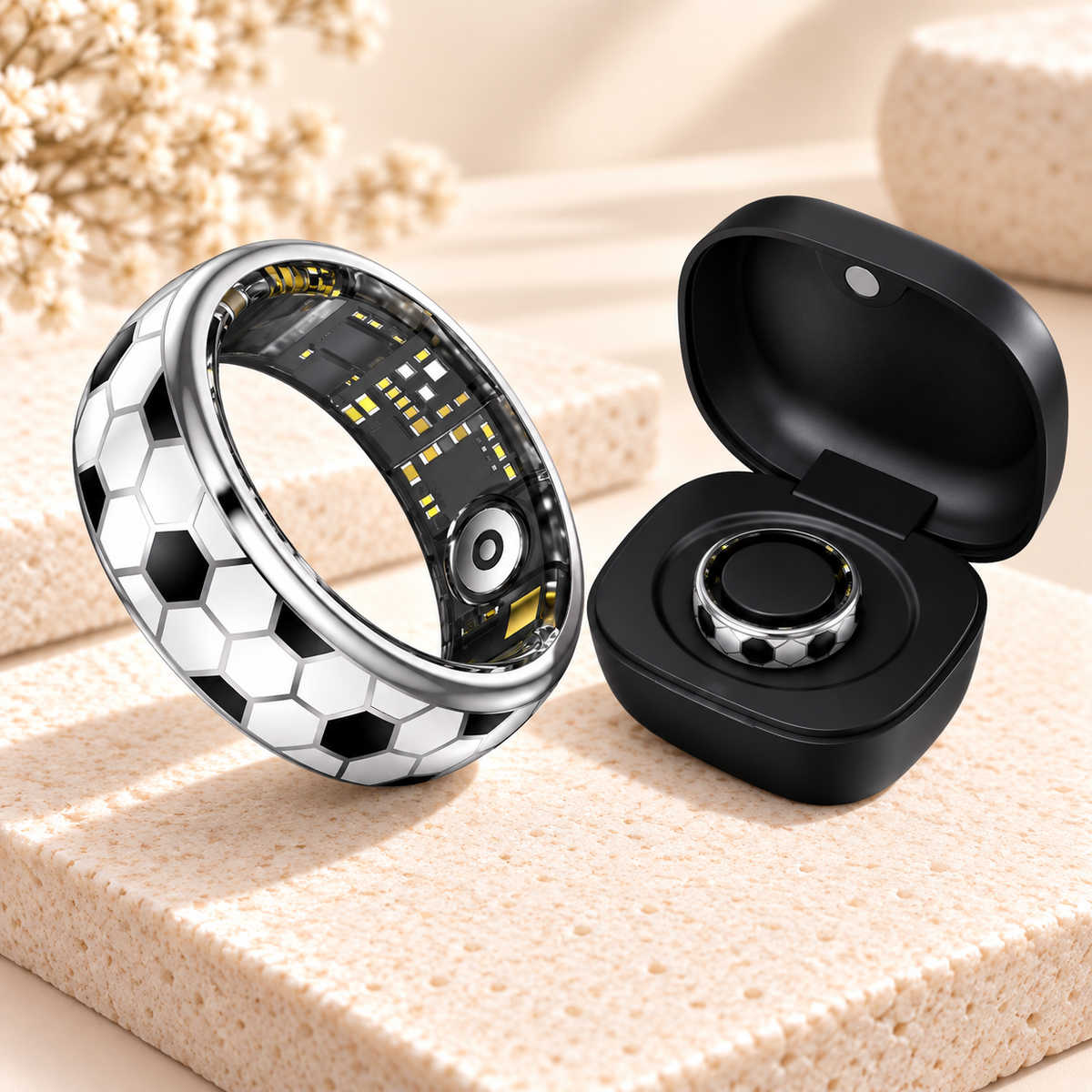 Smart Ring in Silber mit Fußball-Muster und schwarzer Ladebox im Livingwelllife Premium-Design