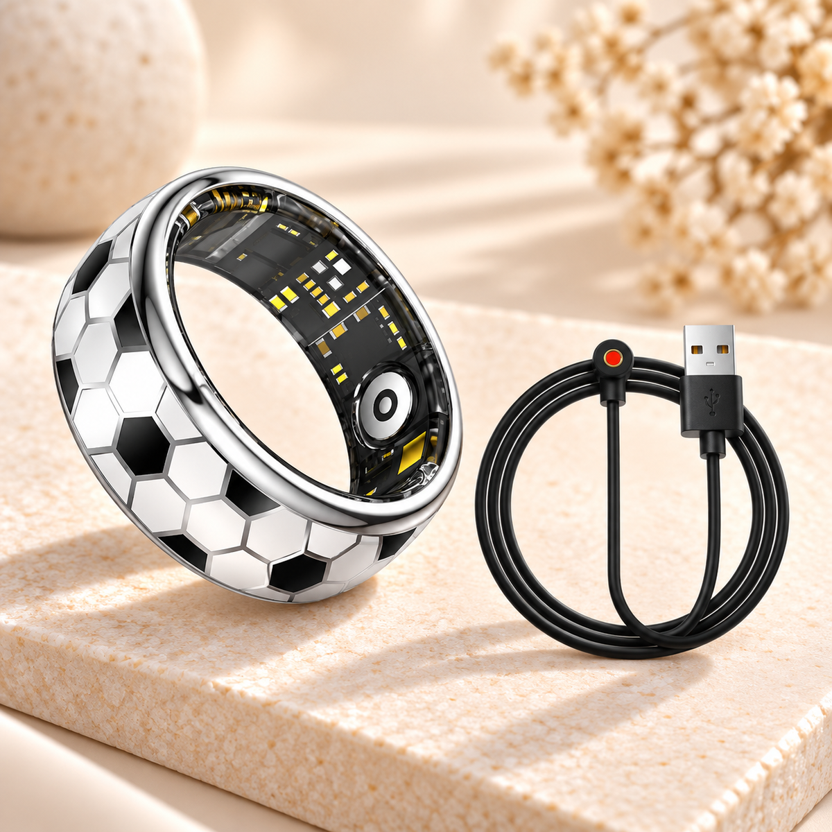 Smart Ring in Silber mit Fußball-Muster und magnetischem Ladekabel im Livingwelllife Premium-Design