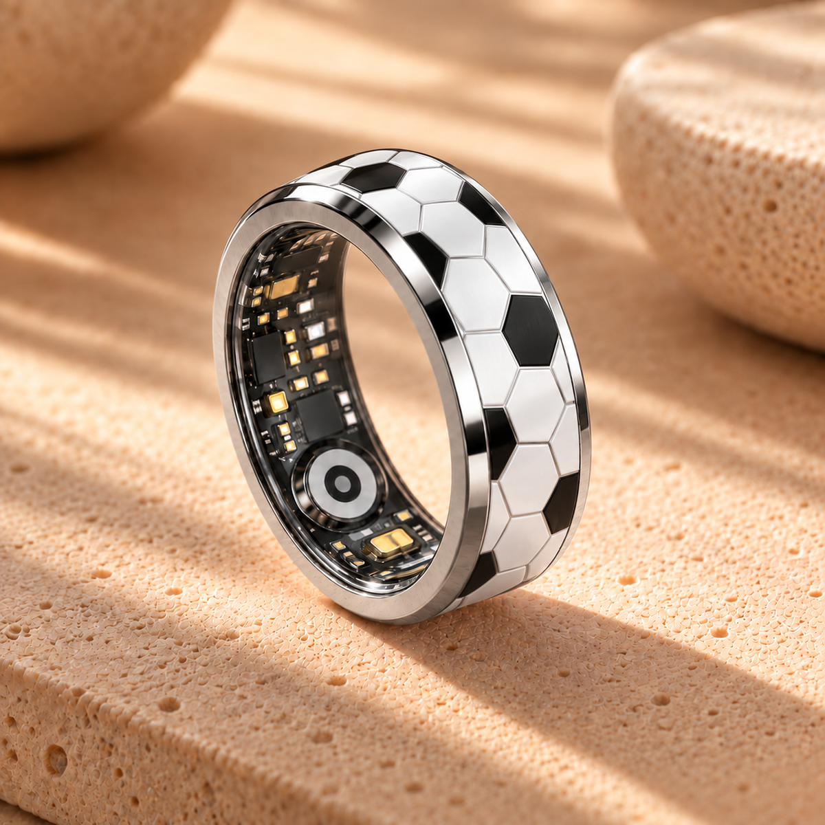 Smart Ring in Silber mit Fußball-Muster im Livingwelllife Premium-Design