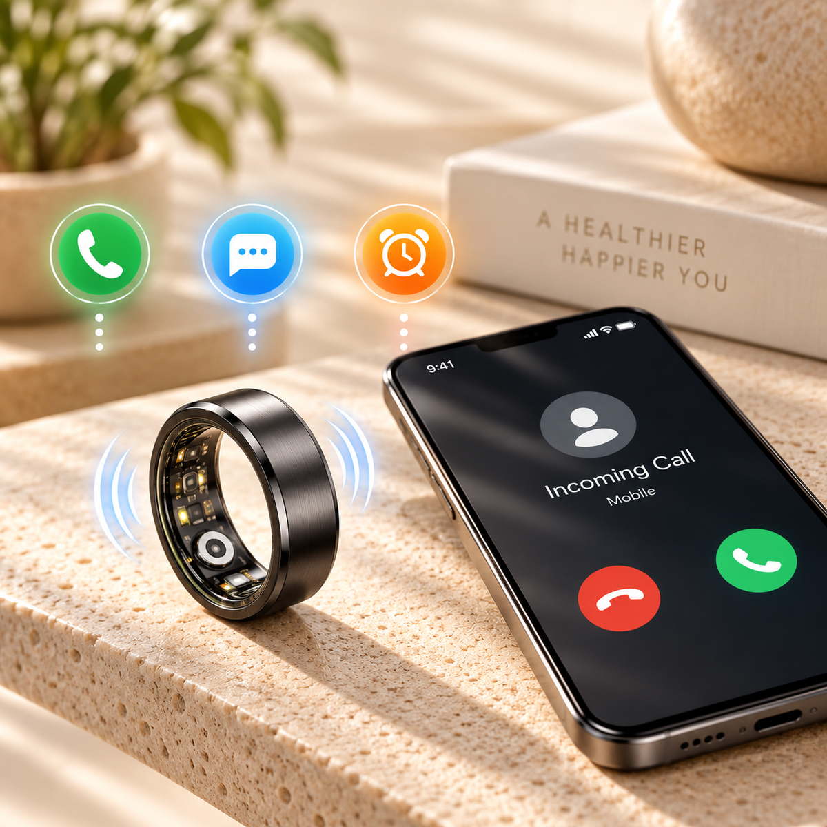 Livingwelllife Smart Ring mit Vibrationsbenachrichtigungen für eingehende Anrufe, Nachrichten und Alarme