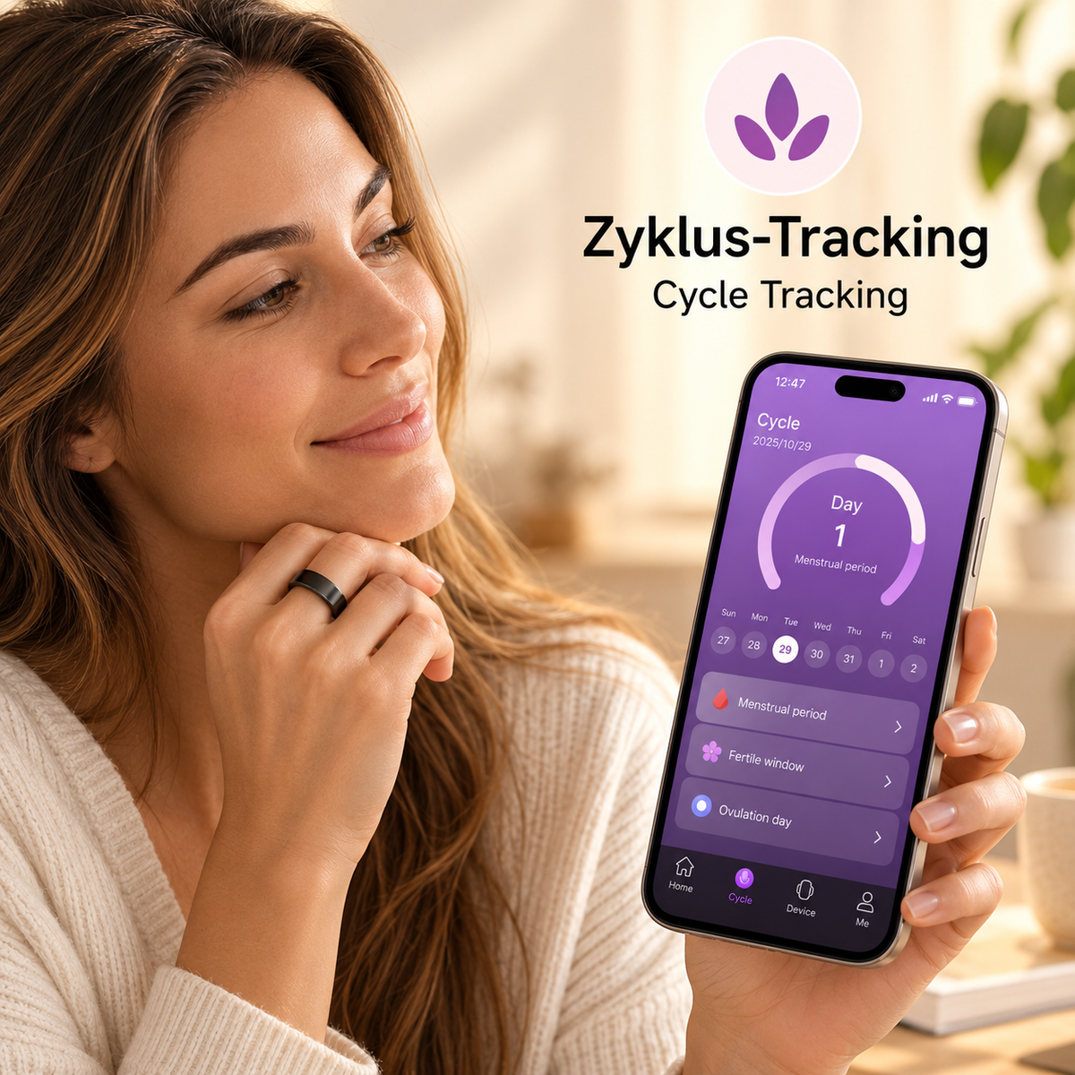 Smart Ring mit Zyklus-Tracking und Zyklusübersicht in der App