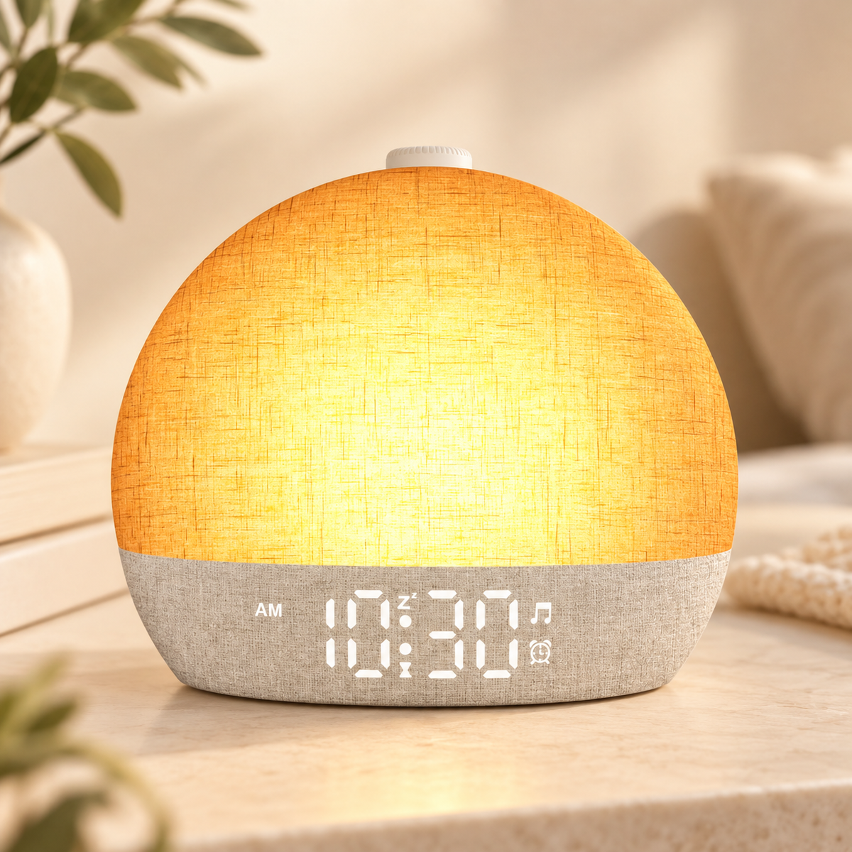SunriseGlow Lichtwecker und Einschlafhilfe mit warmem Sonnenaufgangslicht und digitaler Zeitanzeige