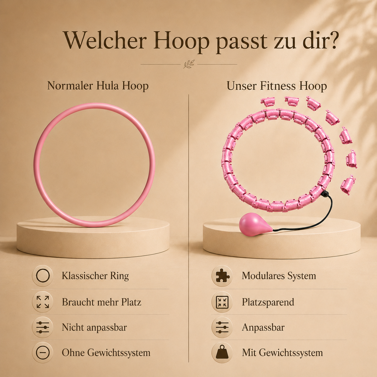 Vergleichsbild zwischen normalem Hula Hoop und pinkem Livingwelllife Fitness Hoop mit modularen Segmenten und Gewichtssystem