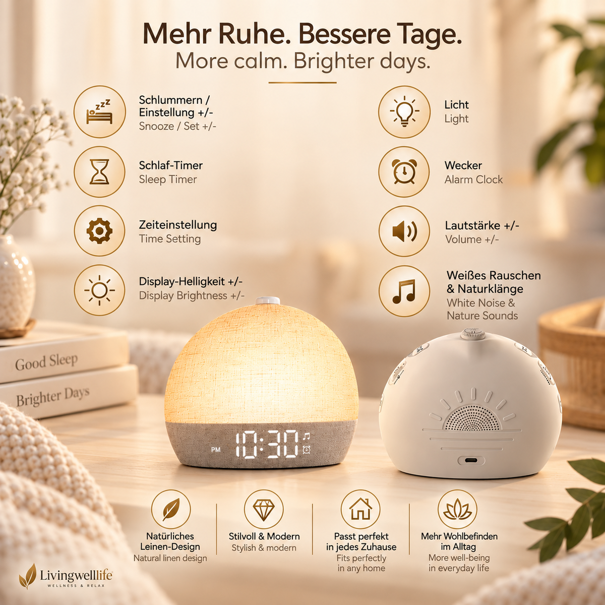 SunriseGlow Lichtwecker mit Leinen-Design, Vorder- und Rückansicht sowie Bedienelementen für Licht, Wecker, Timer und Naturklänge
