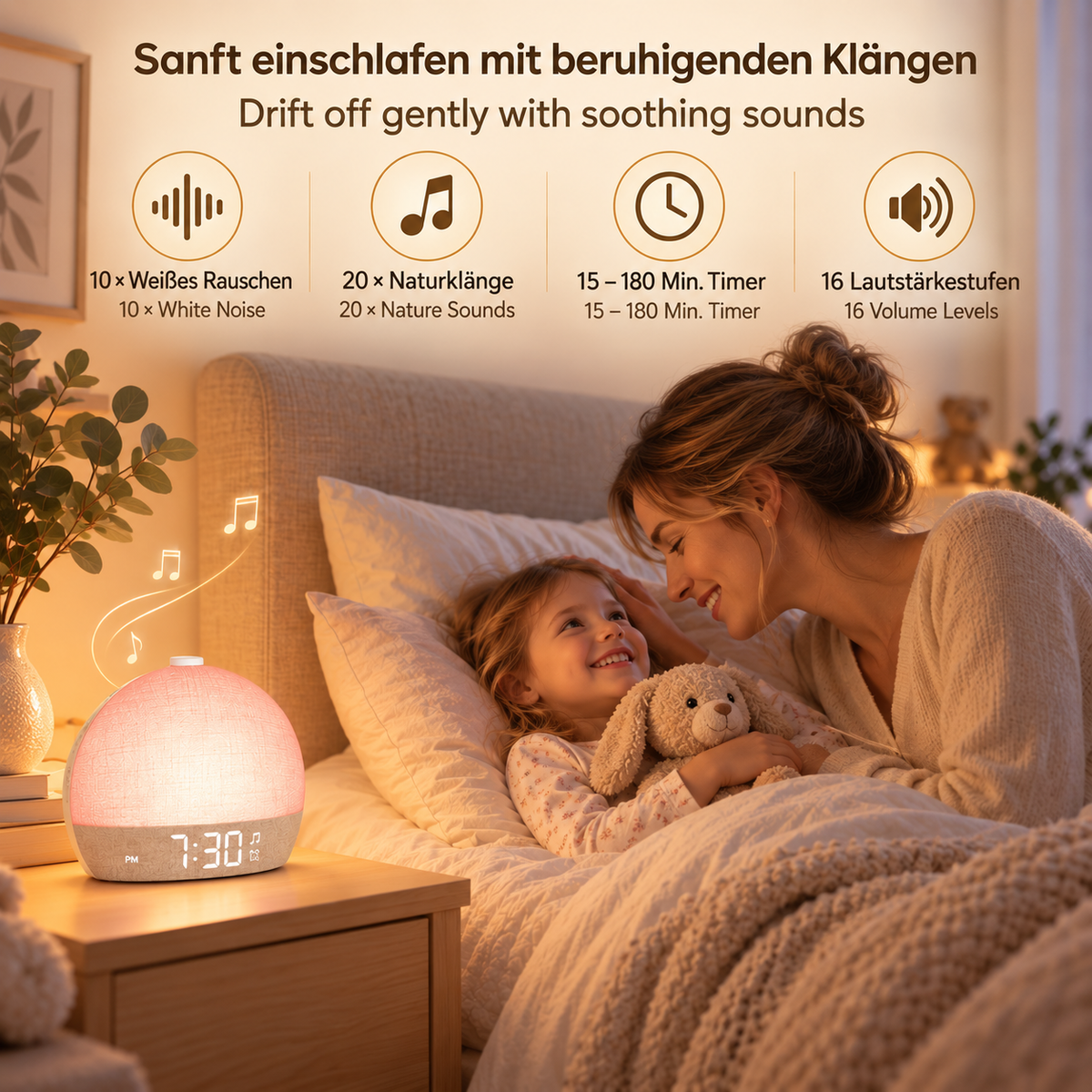 SunriseGlow Lichtwecker und Einschlafhilfe mit weißem Rauschen, Naturklängen, Timer und einstellbarer Lautstärke
