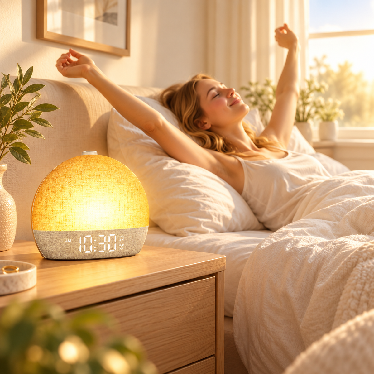 SunriseGlow Lichtwecker mit warmer Sonnenaufgangssimulation auf dem Nachttisch in einem hellen Schlafzimmer