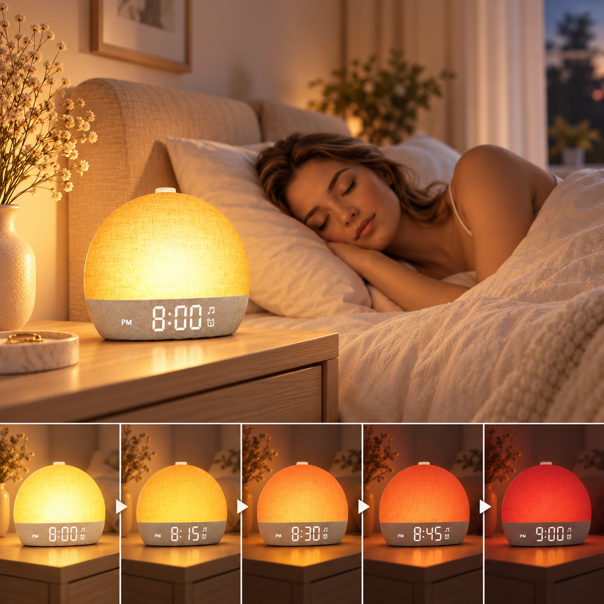 SunriseGlow Lichtwecker mit Sonnenuntergangssimulation und warmem Farbverlauf als Einschlafhilfe im Schlafzimmer